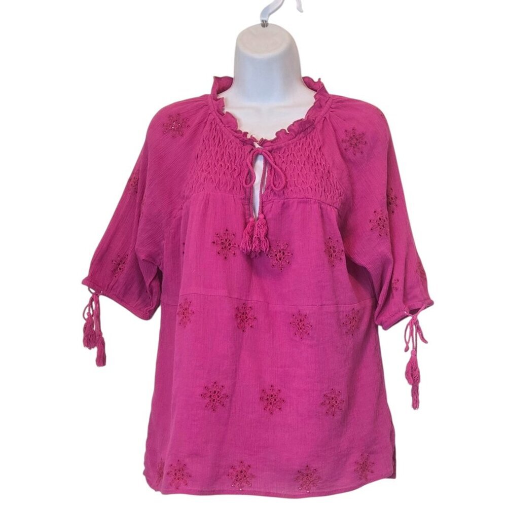 Reba Boho Tassel Peasant Top Eyelet Cotton Lined 3/4 Sleeve Size XL